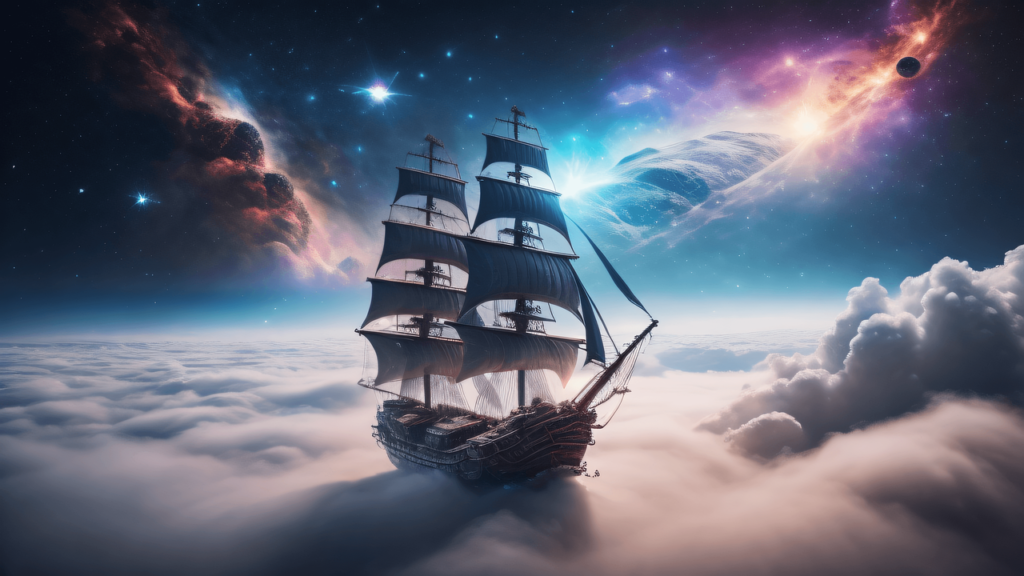 Ship sailing on clouds